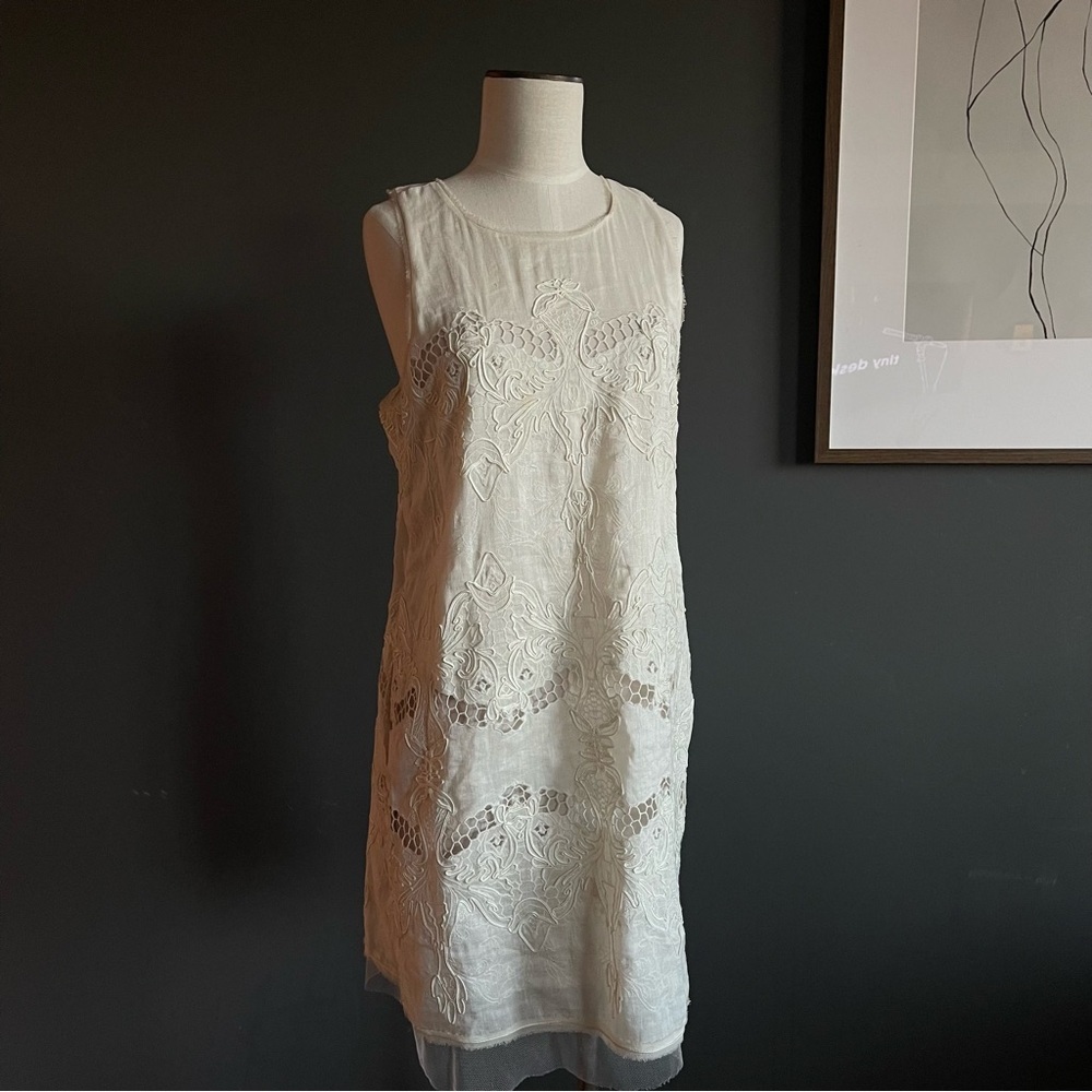 BCBGMaxAzria Runway Simona Silk Linen Eyelet Lace Mini Dress Romantic Angelcore